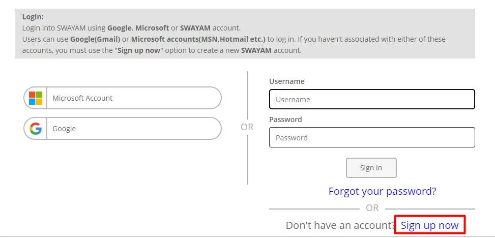 SWAYAM Portal login and register form